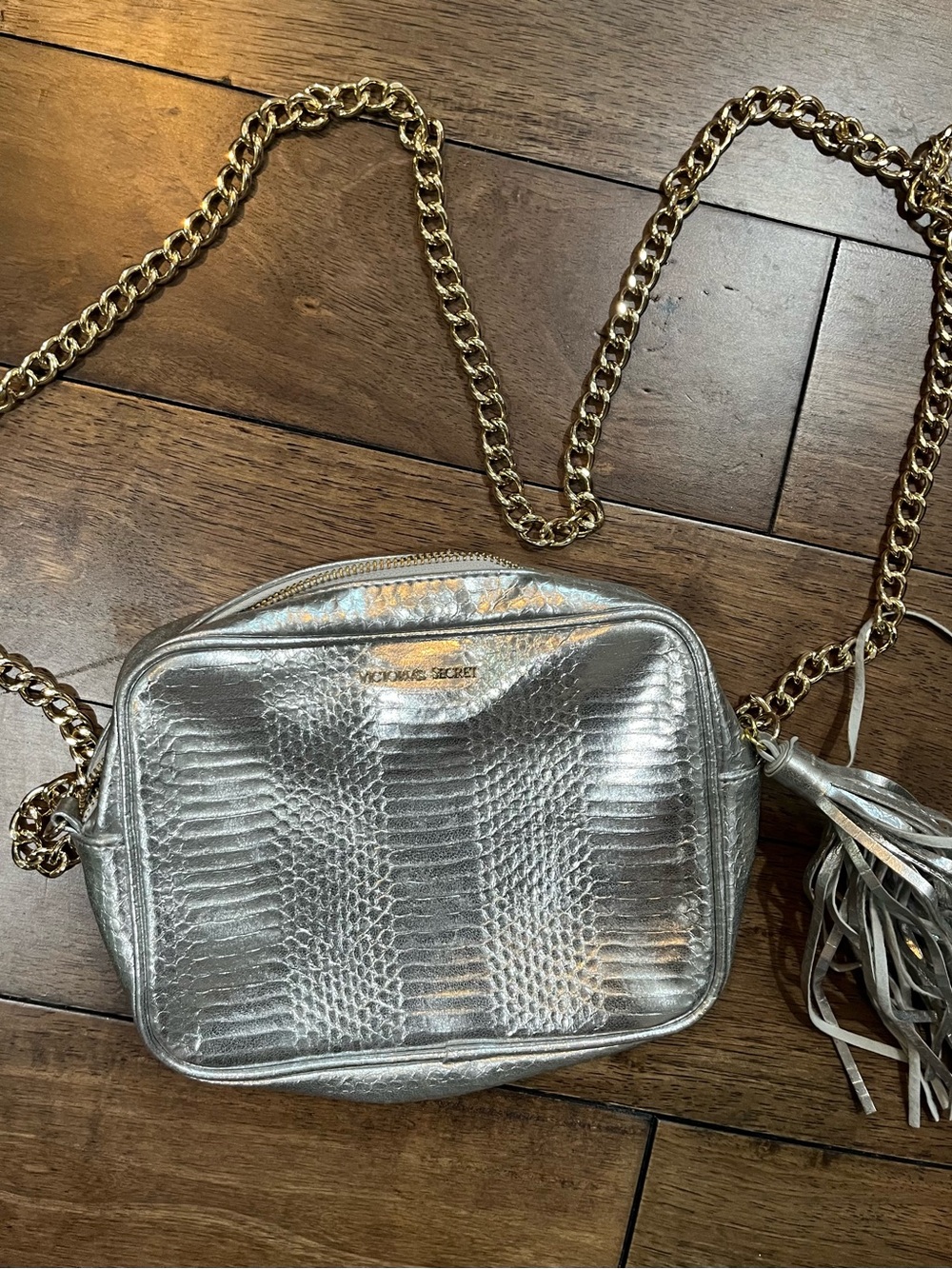 Victoria's Secret Metallic Silver Textured Crossbody with Gold Chain